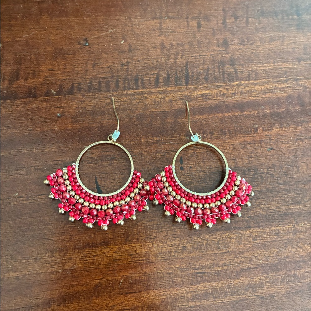 Elegant Red Beaded Hoop Earrings